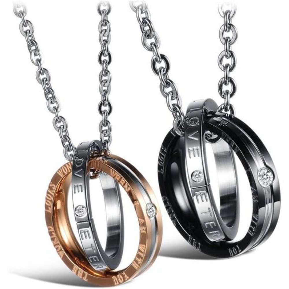 His Hers Matching Set Necklace For Couples Titanium Stainless Steel Love Pendant